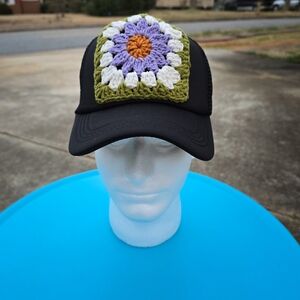 Black Trucker Hat with Crochet Flower Patch